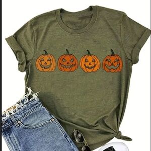 Pumpkin Tshirt,Med,NIP, army green, SS,soft, P2P 20.5” hem 42” L 25”